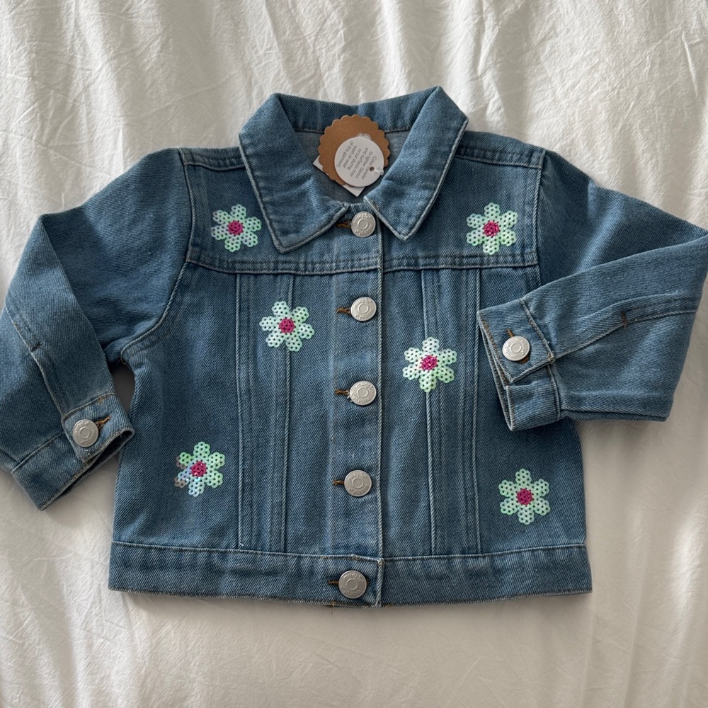 Mud Pie Denim Jacket with Colorful Floral Embroidery